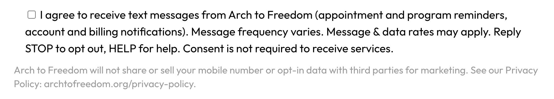 The SMS consent checkbox on our public contact form (archtofreedom.org/contact-us), shown in its default unchecked state